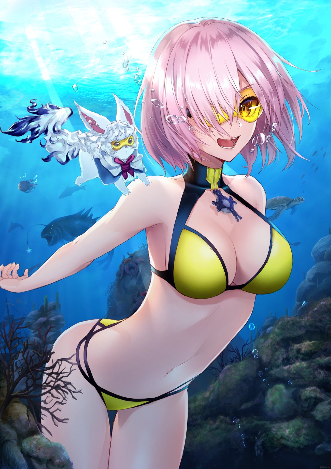 1girl 1other armpits bangs bikini blue_capelet breasts bubble capelet cleavage collarbone cowboy_shot craft_essence creature cross cross_necklace day dive_to_blue diving fate/grand_order fate_(series) fish fou_(fate/grand_order) hair_over_one_eye halter_top halterneck highres jewelry lavender_hair looking_at_viewer mash_kyrielight medium_breasts navel necklace ocean open_mouth red_neckwear short_hair smile swimming swimsuit underwater water yellow-tinted_glasses yellow_bikini yukihama