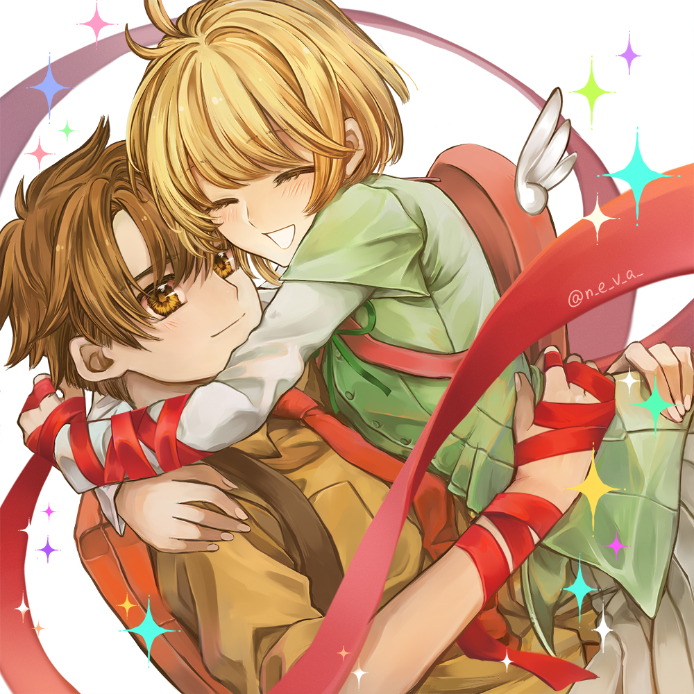 1boy 1girl bangs blonde_hair brown_eyes brown_hair brown_shirt card_captor_sakura closed_eyes couple eyebrows_visible_through_hair green_ribbon grey_shirt grey_skirt grin hug kinomoto_sakura li_xiaolang neck_ribbon neva_(n_e_v_a) open_mouth pleated_skirt red_ribbon ribbon shirt short_hair short_sleeves skirt smile sparkle