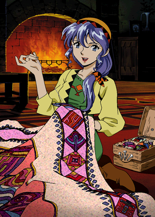 1girl blanket blue_eyes blue_hair fireplace hat holding indoors looking_at_viewer lowres luna_noah lunar lunar:_the_silver_star official_art open_mouth sewing sleeves_past_wrists solo