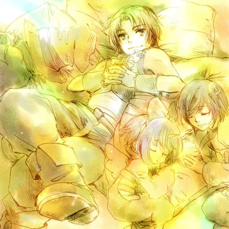 black_hair closed_mouth commentary_request eiko_carol final_fantasy final_fantasy_ix garnet_til_alexandros_xvii hat multiple_boys multiple_girls short_hair sleeping smile vivi_ornitier wings zidane_tribal