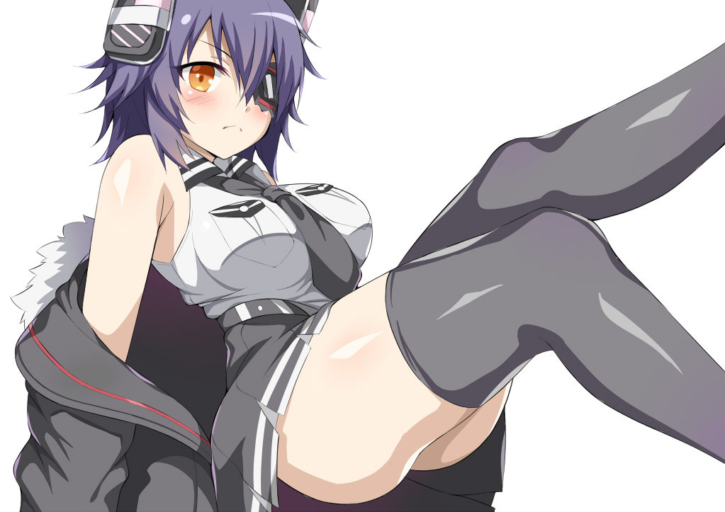 1girl :&lt; black_legwear blush breast_pocket breasts eyepatch jacket kantai_collection large_breasts looking_at_viewer necktie off_shoulder pocket purple_hair remodel_(kantai_collection) short_hair simple_background solo tenryuu_(kantai_collection) thigh-highs toshishikisai white_background yellow_eyes