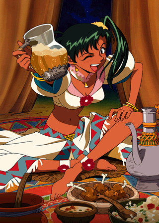 1girl 90s anklet barefoot blush bowl bracelet cup dark_skin drink earrings food fringe green_eyes hand_on_leg holding holding_cup indian_style jean_(lunar) jewelry long_hair lowres lunar lunar_2:_eternal_blue meat midriff navel official_art one_eye_closed open_mouth outstretched_arm plate side_ponytail sitting solo upper_teeth