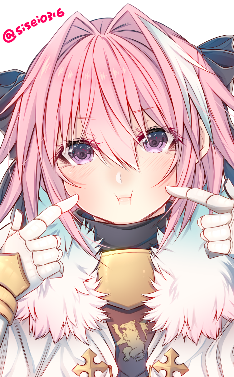 1boy :i astolfo_(fate) bangs black_ribbon black_shirt blush cheek_poking closed_mouth cross emblem eyebrows_visible_through_hair fate/apocrypha fate_(series) fur-trimmed_cloak fur_collar gauntlets hair_between_eyes hair_intakes hair_ribbon hands_up highres looking_at_viewer male_focus medium_hair multicolored_hair nose_blush pink_hair poking ribbon shirt shisei_(kyuushoku_banchou) simple_background solo streaked_hair trap twitter_username upper_body violet_eyes white_background white_cloak white_hair