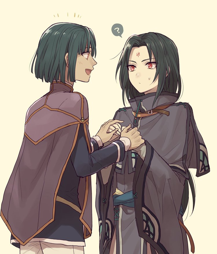 2boys ? akke black_hair bob_cut cape dark_skin dark_skinned_male facial_mark fire_emblem fire_emblem:_akatsuki_no_megami fire_emblem:_souen_no_kiseki forehead_mark green_hair hand_holding kurthnaga long_hair multiple_boys open_mouth pants red_eyes simple_background soren straight_hair sweatdrop white_pants