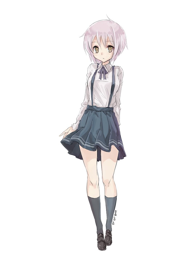 1girl closed_mouth eyebrows_visible_through_hair full_body long_sleeves looking_at_viewer nagato_yuki nanabuluku pleated_skirt purple_hair shirt short_hair simple_background skirt solo suzumiya_haruhi_no_yuuutsu white_background white_shirt