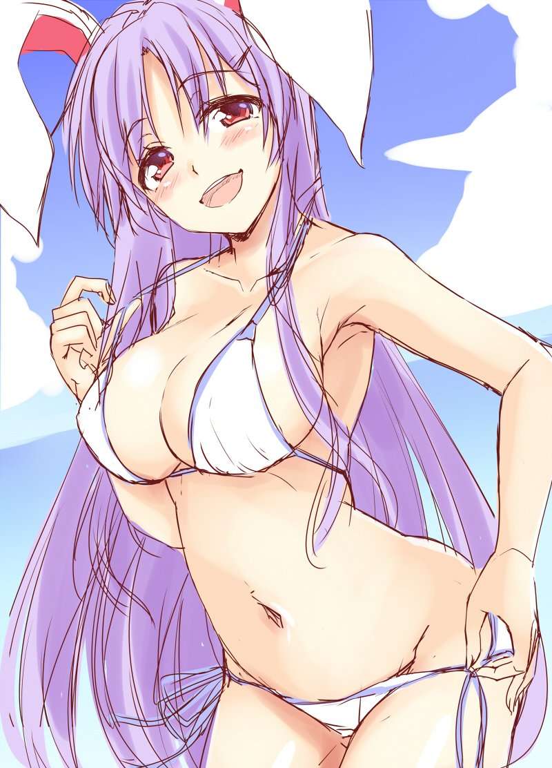 1girl :d animal_ears bare_arms bare_shoulders bikini blue_sky blush breasts clouds collarbone commentary_request cowboy_shot day eyebrows_visible_through_hair groin hand_up head_tilt kue large_breasts leaning_forward long_hair looking_at_viewer navel open_mouth outdoors purple_hair rabbit_ears red_eyes reisen_udongein_inaba side-tie_bikini sketch sky smile solo standing stomach swimsuit thighs touhou very_long_hair white_bikini work_in_progress