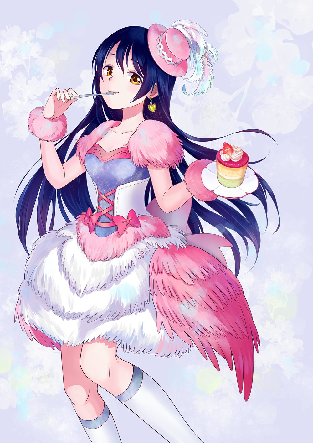 1girl bangs blue_hair blush cake commentary_request dress earrings feathers food hair_between_eyes hat highres jewelry long_hair looking_at_viewer love_live! love_live!_school_idol_project plate simple_background smile solo sonoda_umi yellow_eyes zhaitengjingcang