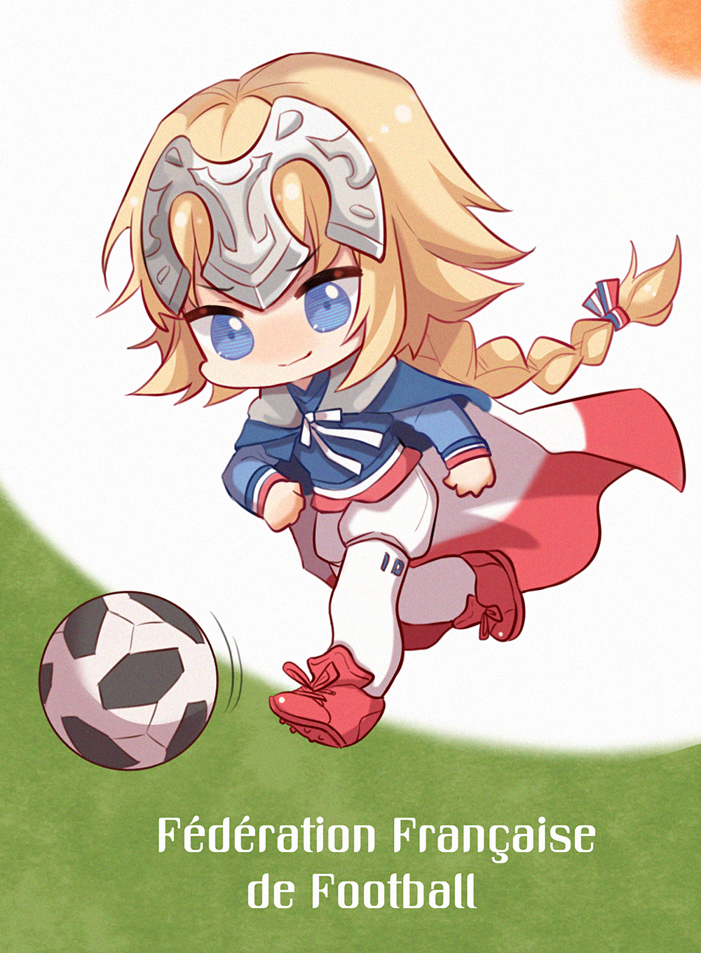 1girl ball blonde_hair blue_eyes braid cape chibi closed_mouth commentary_request fate/apocrypha fate/grand_order fate_(series) flag french_flag headpiece highres jeanne_d'arc_(fate) jeanne_d'arc_(fate)_(all) long_braid long_hair simple_background single_braid smile soccer_ball soccer_uniform solo spirit_(624793092) sportswear very_long_hair