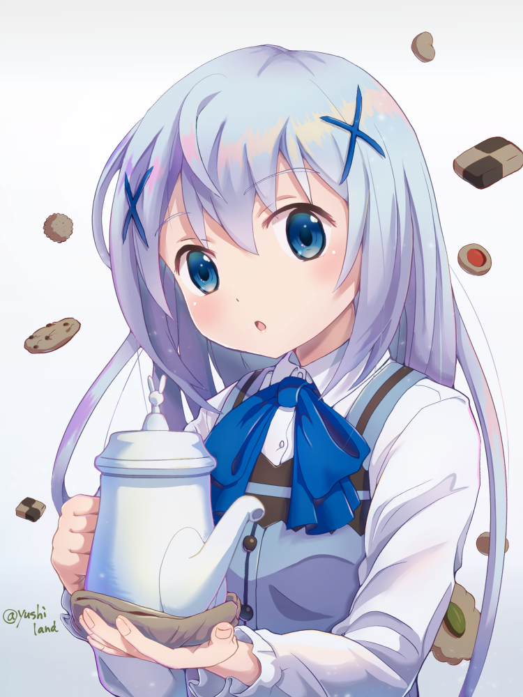 1girl :o artist_name blue_bow blue_eyes blue_vest bow chocolate cookie eyebrows_visible_through_hair food gochuumon_wa_usagi_desu_ka? hair_ornament kafuu_chino light_blue_hair long_hair long_sleeves looking_at_viewer rabbit rabbit_house_uniform shirt solo teapot upper_body vest white_shirt x_hair_ornament yusshii