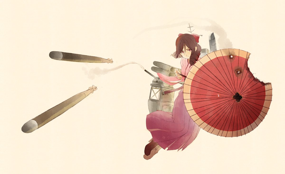 1girl bow brown_hair cannon drill_hair full_body hair_bow hakama harukaze_(kantai_collection) japanese_clothes kantai_collection looking_at_viewer meiji_schoolgirl_uniform nogiguchi_kohiro oriental_umbrella rigging simple_background solo torpedo turret twin_drills umbrella