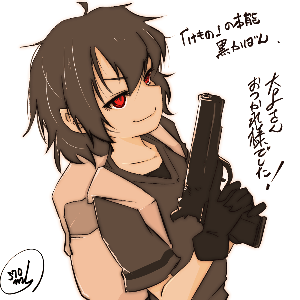 &gt;:) 370ml artist_name backpack bag brown_hair closed_mouth collarbone evil_eyes evil_smile gloves gun hair_between_eyes handgun hands_up holding holding_gun holding_weapon kaban_(kemono_friends) kemono_friends looking_afar messy_hair no_headwear pistol red_eyes shirt short_hair short_sleeves simple_background smile smirk upper_body v-shaped_eyebrows weapon white_background