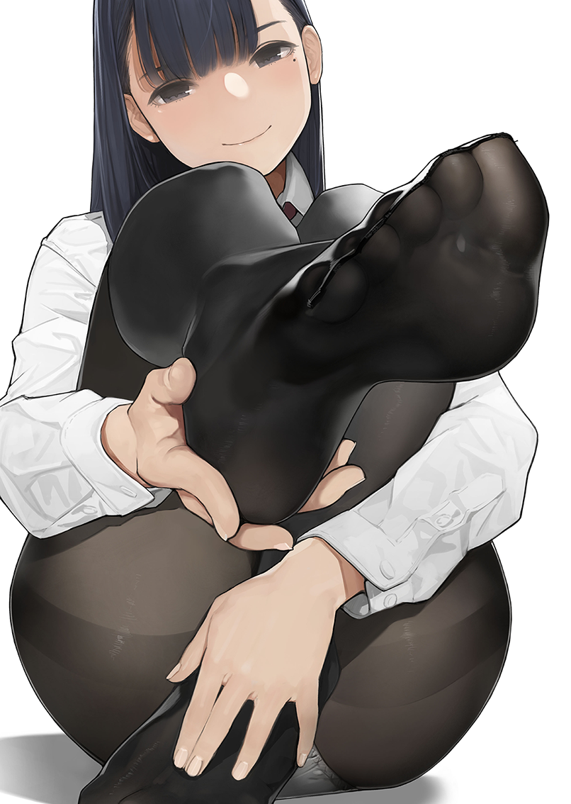1girl bangs black_eyes black_hair black_legwear blush closed_mouth commentary_request eyebrows_visible_through_hair feet hand_on_own_foot head_tilt long_hair long_sleeves looking_at_viewer mole mole_under_eye no_shoes original panties panties_under_pantyhose pantyhose shirt simple_background sitting smile soles solo thighband_pantyhose toes underwear white_background white_panties white_shirt yomu_(sgt_epper)