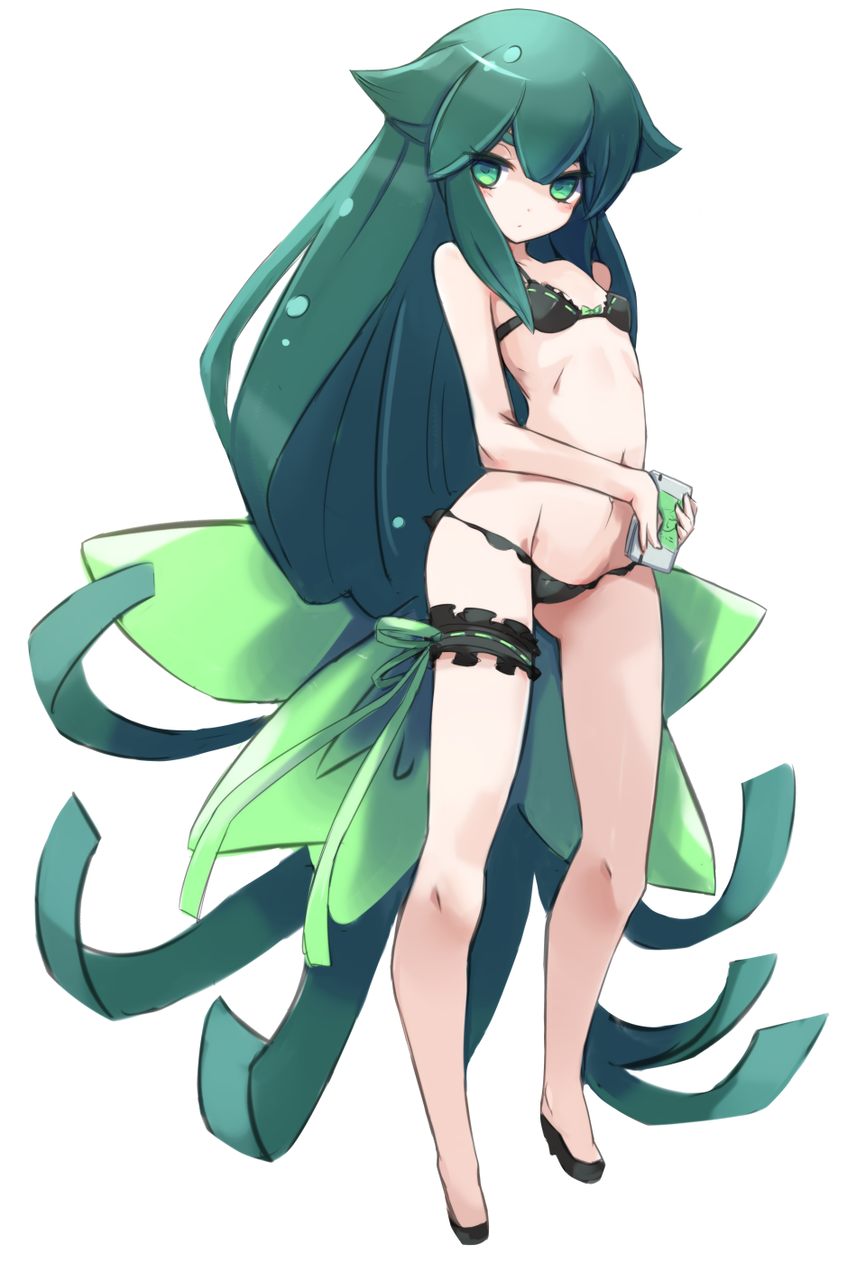 1girl absurdly_long_hair bangs bare_arms bare_shoulders black_bra black_footwear black_panties blush bow bow_bra bra breasts closed_mouth commentary_request gatchaman_crowds green_eyes green_hair green_ribbon groin hair_between_eyes hair_flaps highres holding karukan_(monjya) leg_garter long_hair looking_at_viewer low-tied_long_hair navel panties ribbon ribbon-trimmed_bra ribbon_trim shoes sidelocks simple_background small_breasts solo standing underwear utsutsu very_long_hair white_background