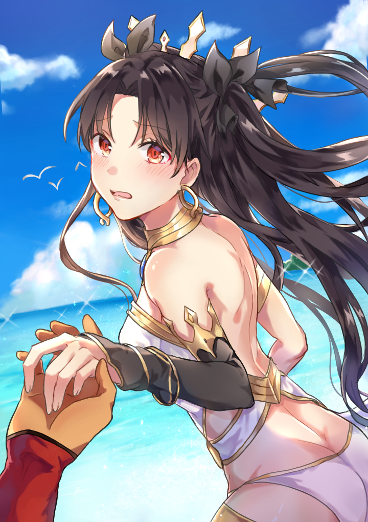 1girl archer armlet ass bangs bare_shoulders beach bikini bird black_hair black_ribbon blue_sky blush butt_crack clouds comeow1208 commentary crown dark_skin dark_skinned_male day earrings eyebrows_visible_through_hair fate/grand_order fate/stay_night fate_(series) fingernails floating_hair gem hair_ribbon hand_holding hoop_earrings horizon ishtar_(fate/grand_order) jewelry long_hair looking_at_viewer looking_to_the_side neck_ring ocean open_mouth out_of_frame outdoors panties parted_bangs pov red_eyes ribbon shiny shiny_hair shoulder_blades single_detached_sleeve sky solo_focus sparkle standing symbol_commentary tohsaka_rin two_side_up underwear very_long_hair white_panties wind