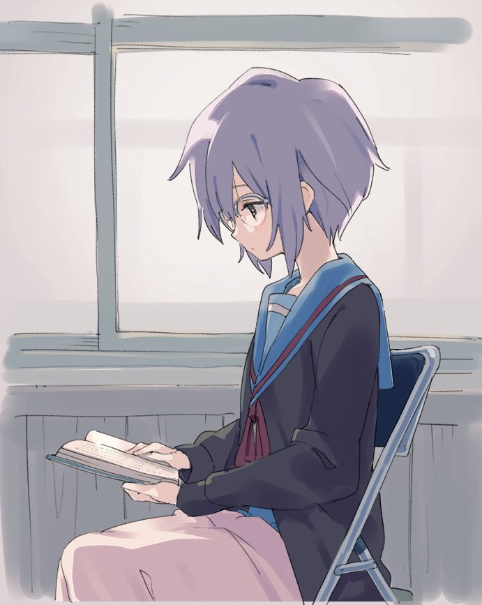 1girl book chair glasses nagato_yuki open_book purple_hair reading school_uniform short_hair sitting solo suzumiya_haruhi_no_yuuutsu urayamashiro_(artist) window