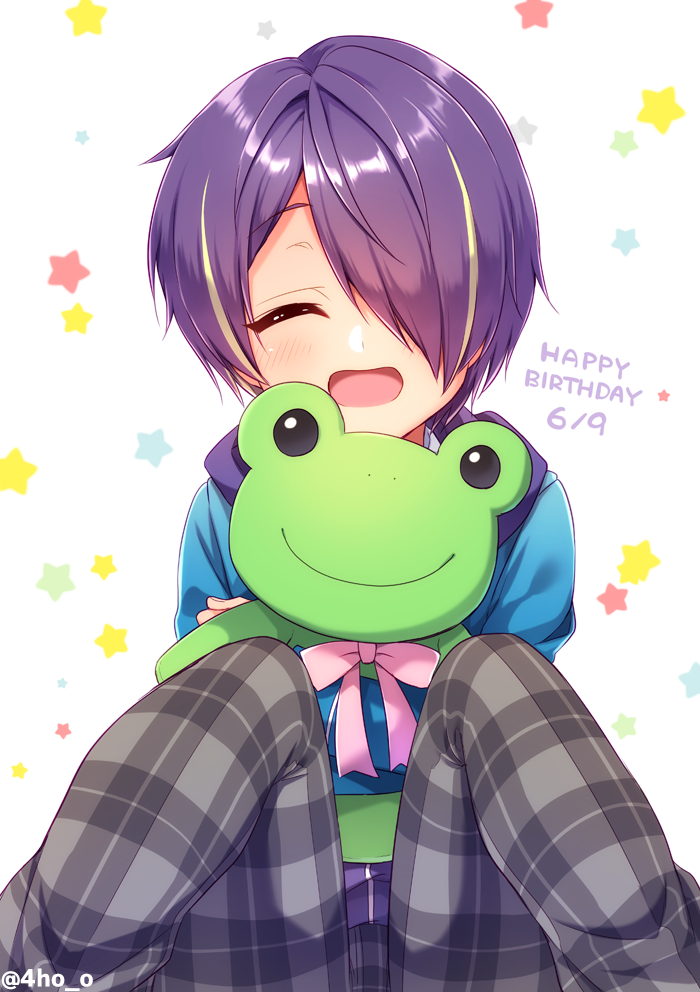 1boy ^_^ ^o^ aichi_shiho blonde_hair blue_shirt blush bow closed_eyes closed_eyes dated english ensemble_stars! eyebrows_visible_through_hair facing_viewer grey_pants hair_over_one_eye happy_birthday holding holding_stuffed_animal knees_up male_focus multicolored_hair object_hug open_mouth pants pink_bow pink_ribbon plaid plaid_pants purple_hair ribbon sengoku_shinobu shiny shiny_hair shirt sitting smile solo star starry_background streaked_hair stuffed_animal stuffed_frog stuffed_toy tareme twitter_username white_background