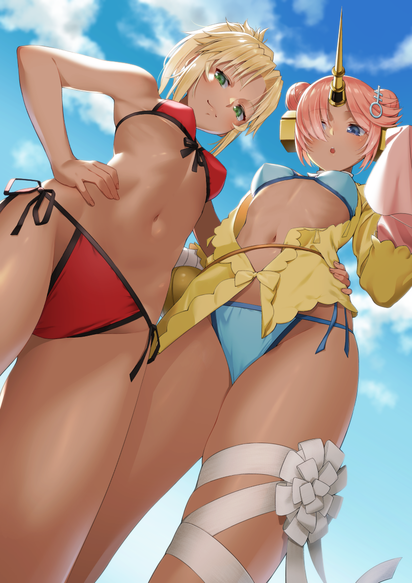 2girls arm_around_waist bikini blonde_hair blue_bikini blue_eyes blue_sky breasts commentary_request day double_bun fate/grand_order fate_(series) foreshortening frankenstein's_monster_(fate) frankenstein's_monster_(swimsuit_saber)_(fate) from_below front-tie_bikini front-tie_top green_eyes hair_ornament hair_over_one_eye hand_on_hip highres horn leg_ribbon looking_at_viewer looking_down mordred_(fate)_(all) mordred_(swimsuit_rider)_(fate) multiple_girls navel outdoors pink_hair ponytail red_bikini ribbon saruchitan short_hair side-tie_bikini sky sleeves_past_wrists small_breasts swimsuit tan
