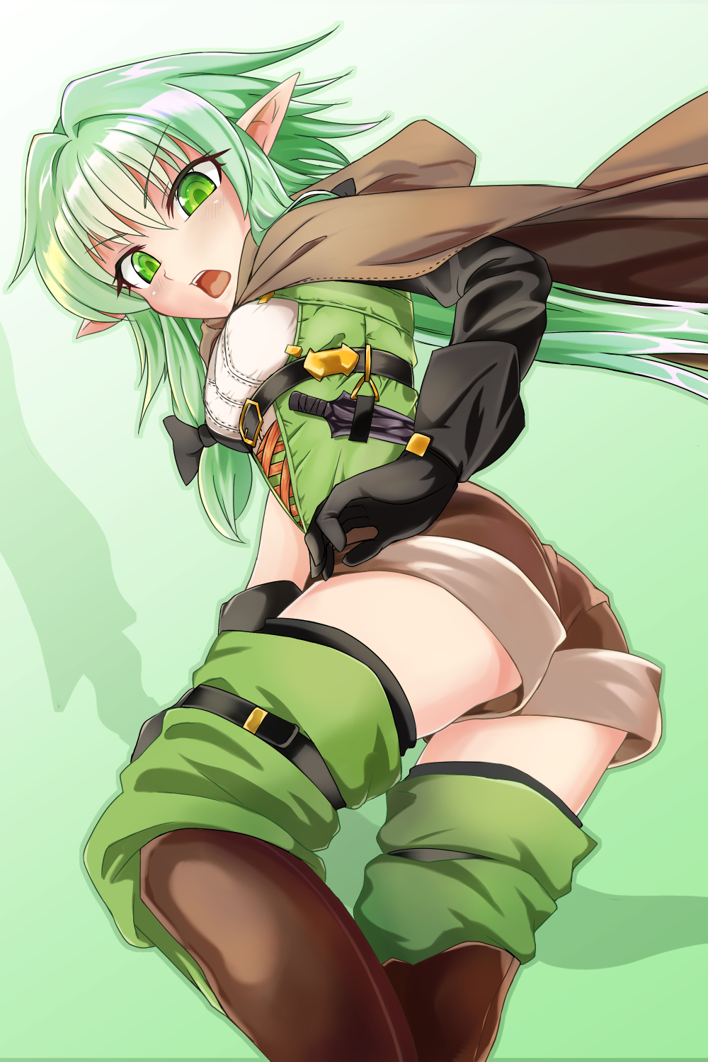 1girl aqua_hair ass black_gloves breasts cloak commentary_request dagger elf eyebrows_visible_through_hair flat_ass from_below gloves goblin_slayer! greaves green_eyes high_elf_archer_(goblin_slayer!) highres hood hood_down open_mouth pointy_ears sanagi_(diohazard) short_hair_with_long_locks shorts small_breasts solo thigh-highs weapon