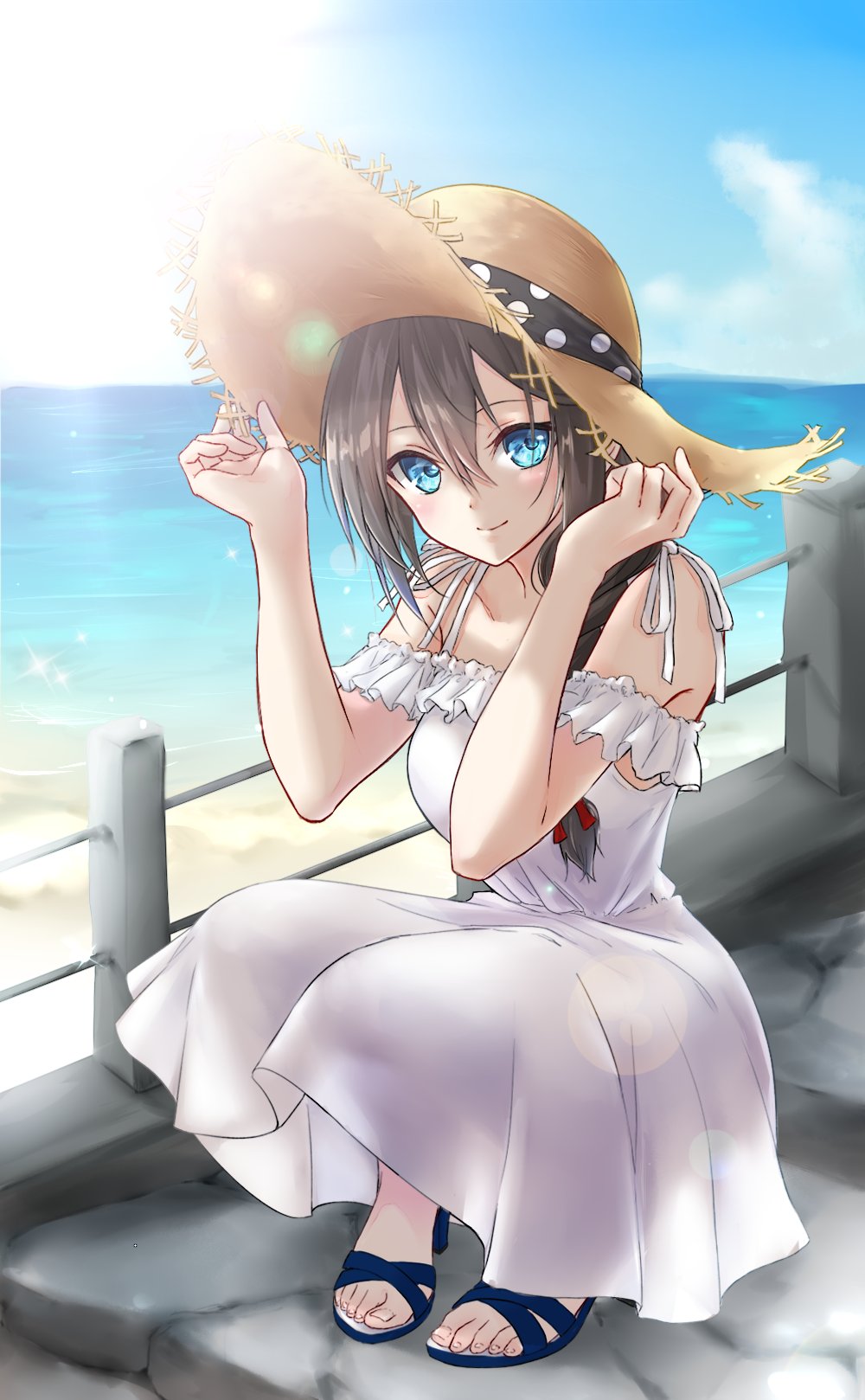 1girl alternate_costume aoyashio_rin blue_eyes blue_skirt braid breasts brown_hair clouds commentary dress hair_between_eyes hat hat_holding high_heels highres kantai_collection long_braid medium_breasts ocean shigure_(kantai_collection) shoreline single_braid skirt smile solo squatting straw_hat sundress water