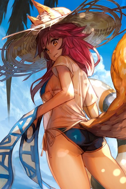 1girl animal_ears ass bangs bikini blue_bikini blue_sky breasts closed_mouth ears_through_headwear fate/extra fate/grand_order fate_(series) fox_ears fox_tail hair_between_eyes hankuri hat hips innertube large_breasts long_hair looking_at_viewer looking_back palm_tree pink_hair sash shade shirt sidelocks sky smile solo straw_hat sun_hat sunlight swimsuit tail tamamo_(fate)_(all) tamamo_no_mae_(swimsuit_lancer)_(fate) thighs tree wet wet_clothes wet_shirt wet_t-shirt yellow_eyes