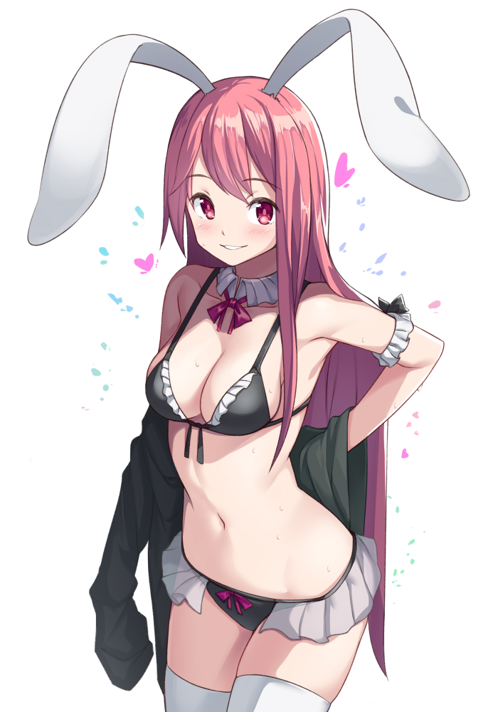 1girl animal_ears arm_garter bangs bikini black_bikini blush breasts cleavage commentary eyebrows_visible_through_hair frilled_bikini frills heart long_hair looking_at_viewer maid_bikini medium_breasts navel original parted_lips pink_hair rabbit_ears red_eyes saiste simple_background smile solo stomach swimsuit symbol_commentary thigh-highs undressing very_long_hair white_background white_legwear
