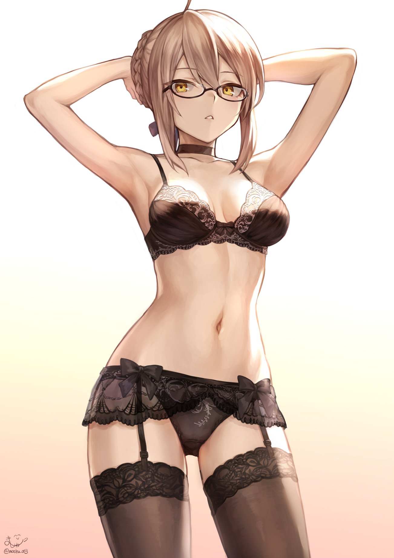 1girl ahoge armpits arms_behind_head arms_up artoria_pendragon_(all) bangs black-framed_eyewear blonde_hair bra braid breasts choker cleavage collarbone fate/grand_order fate_(series) french_braid garter_belt garter_straps glasses hair_between_eyes hair_bun highres hips long_hair looking_at_viewer mashu_003 medium_breasts mysterious_heroine_x_(alter) navel panties semi-rimless_eyewear solo thigh-highs thighs underwear waist yellow_eyes