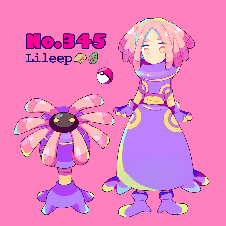 1girl blue_eyes character_name dress full_body gen_3_pokemon lileep looking_at_viewer mameeekueya medium_hair moemon multicolored multicolored_eyes no_mouth personification pink pink_background pink_hair poke_ball pokemon pokemon_(creature) pokemon_number purple_dress purple_footwear red_eyes simple_background standing yellow_eyes