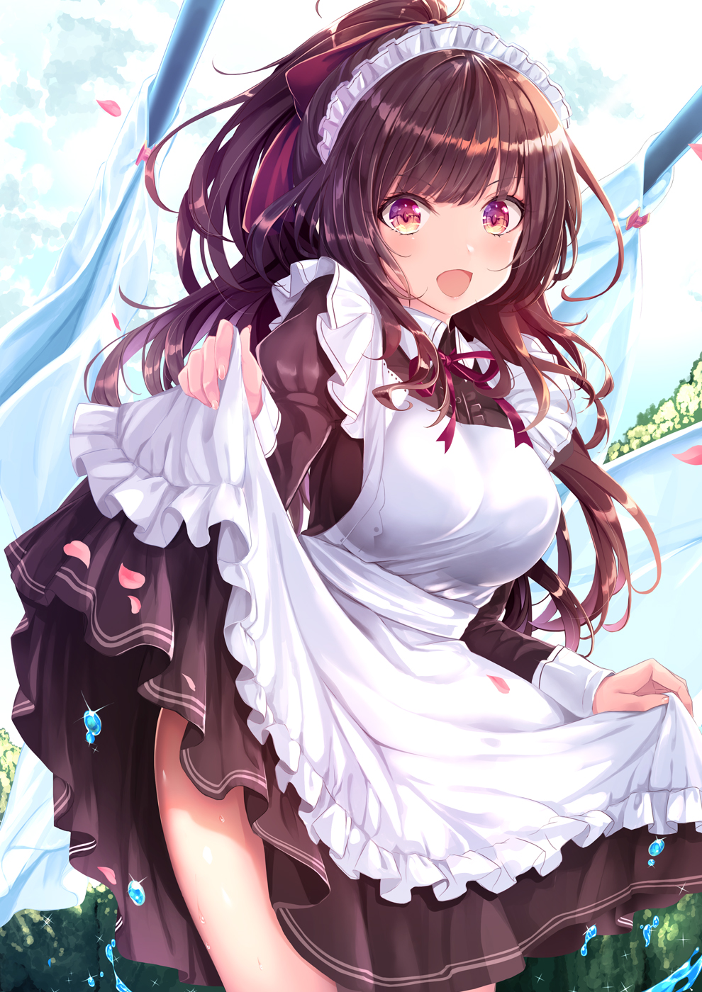1girl :d apron black_hair commentary_request day droplet frilled_apron frills haruka_natsuki highres juliet_sleeves long_hair long_sleeves looking_at_viewer maid maid_apron maid_headdress medium_dress neck_ribbon open_mouth original outdoors ponytail puffy_sleeves purple_neckwear red_eyes ribbon skirt_hold smile solo sparkle standing water_drop white_apron wind