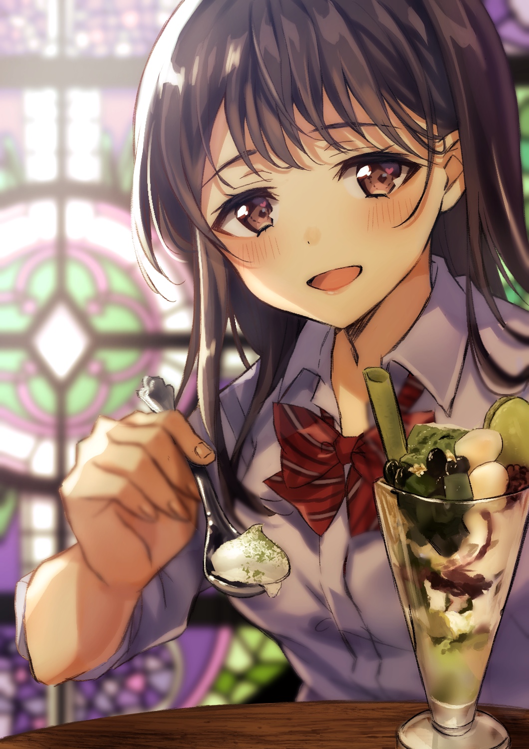 1girl :d bangs black_hair bow bowtie brown_eyes collared_shirt commentary_request feeding highres holding holding_spoon light_blush long_hair looking_at_viewer natsuki_iori open_mouth original parfait pov_feeding red_neckwear school_uniform shirt smile solo spoon stained_glass striped_neckwear upper_body white_shirt