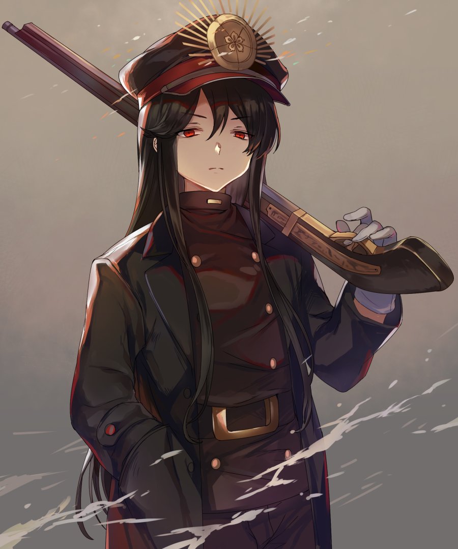 1girl bangs belt black_coat black_hair black_hat closed_mouth coat double-breasted family_crest fate/grand_order fate_(series) gloves gun hand_in_pocket hat koha-ace long_hair long_sleeves looking_at_viewer military military_hat military_uniform oda_nobunaga_(fate) oda_uri open_clothes open_coat over_shoulder peaked_cap red_eyes rifle uniform vivivivi weapon weapon_over_shoulder white_gloves