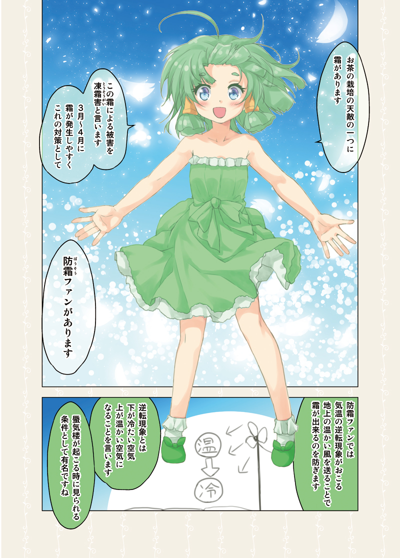1girl :d ahoge bare_shoulders blue_eyes blush bobby_socks cafe-chan_to_break_time collarbone comic commentary_request dress eyebrows_visible_through_hair green_dress green_footwear green_hair hair_blowing hair_tubes midori_(cafe-chan_to_break_time) open_mouth outstretched_arms porurin short_hair smile socks solo spread_arms standing strapless strapless_dress thick_eyebrows translation_request white_legwear