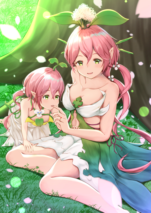 2girls bare_shoulders breasts child cleavage collarbone granblue_fantasy green_eyes inora jewelry large_breasts leaf leaf_on_head long_hair mother_and_daughter multiple_girls pink_hair plant_girl pointy_ears ring sitting tree yggdrasil_(granblue_fantasy)