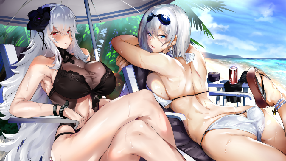 2girls alternate_costume anklet ass azur_lane bangs beach_umbrella bikini black_swimsuit blue_eyes blush breasts butt_crack can chair cleavage closed_mouth collarbone cross cross_earrings crossed_bangs day earrings elbow_rest eyebrows_visible_through_hair foot_up graf_zeppelin_(azur_lane) groin hair_between_eyes jewelry large_breasts legs_crossed long_hair looking_at_viewer lounge_chair lying mata-aro messy_hair multiple_girls navel navel_cutout ocean on_stomach one-piece_swimsuit open_mouth outdoors palm_tree parted_lips red_eyes sand sandals scarf shade shiny shiny_skin short_hair shoulder_blades sidelocks silver_hair sitting skindentation stomach sunglasses swimsuit taut_clothes taut_swimsuit thighs tirpitz_(azur_lane) tree umbrella very_long_hair watch wet white_bikini white_scarf wrist_straps