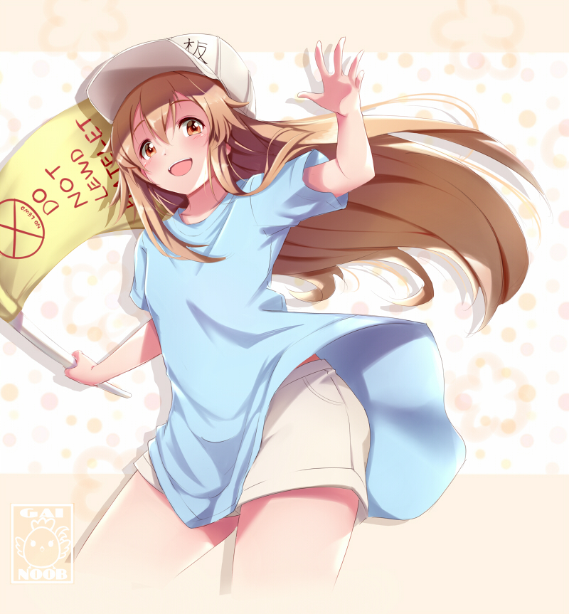 1girl arm_up baseball_cap blonde_hair blue_shirt blush breasts cowboy_shot english english_flag flag gainoob hat hataraku_saibou long_hair looking_at_viewer meme open_mouth orange_eyes oversized_clothes oversized_shirt platelet_(hataraku_saibou) shirt short_sleeves shorts small_breasts smile solo text_focus white_shorts wind wind_lift