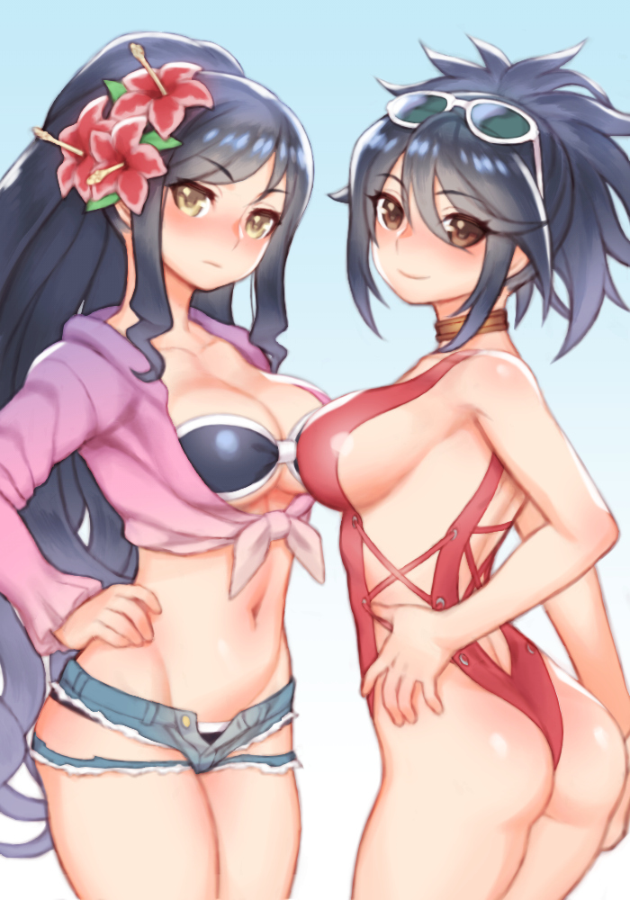 2girls ass bikini black_bikini black_hair blue_background breasts brown_eyes choker closed_mouth cowboy_shot denim eyewear_on_head flower folks_(nabokof) fujibayashi_shiina gradient gradient_background hair_flower hair_ornament hand_on_hip hibiscus long_hair looking_at_viewer multiple_girls pink_shirt ponytail red_swimsuit shiny shiny_skin shirt short_hair short_shorts shorts sideboob simple_background smile standing swimsuit tales_of_(series) tales_of_berseria tales_of_symphonia torn_clothes torn_shorts velvet_crowe white_background yellow_eyes