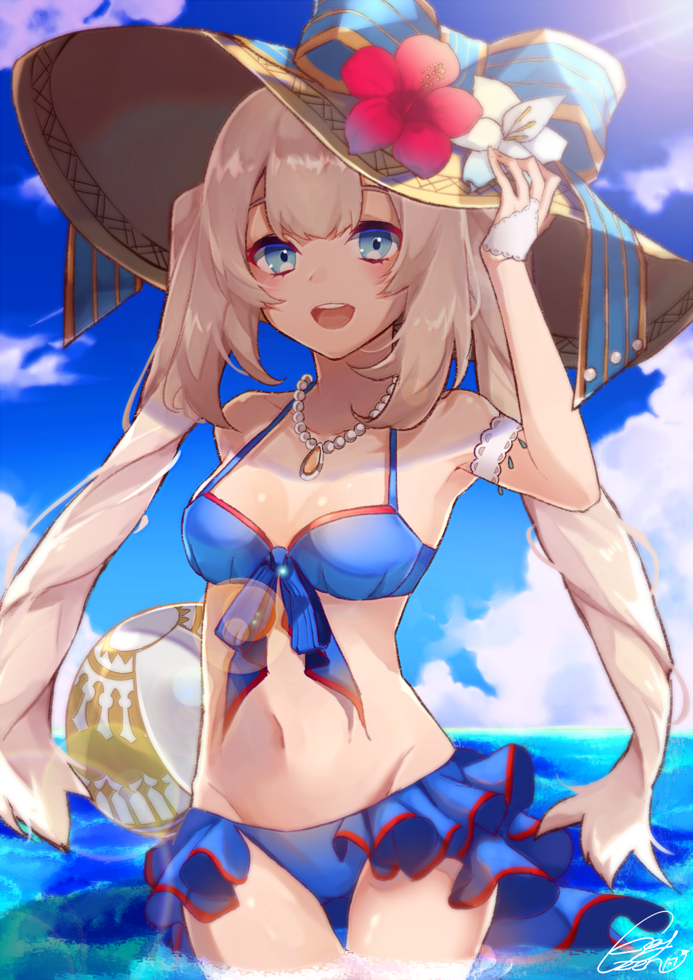 1girl :d arm_up ball bangs bare_shoulders beachball bikini blue_bikini blue_bow blue_eyes blue_sky blush bow breasts clouds collarbone commentary_request cowboy_shot day fate/grand_order fate_(series) flower front-tie_bikini front-tie_top fujikiri_yana groin hand_on_headwear hat hat_bow hat_flower highres horizon jewelry long_hair looking_at_viewer marie_antoinette_(fate/grand_order) medium_breasts navel necklace ocean open_mouth outdoors pearl_necklace red_flower round_teeth sidelocks signature silver_hair sky smile solo striped striped_bow sun_hat sunlight swimsuit teeth thigh_grab twintails upper_teeth very_long_hair water white_flower