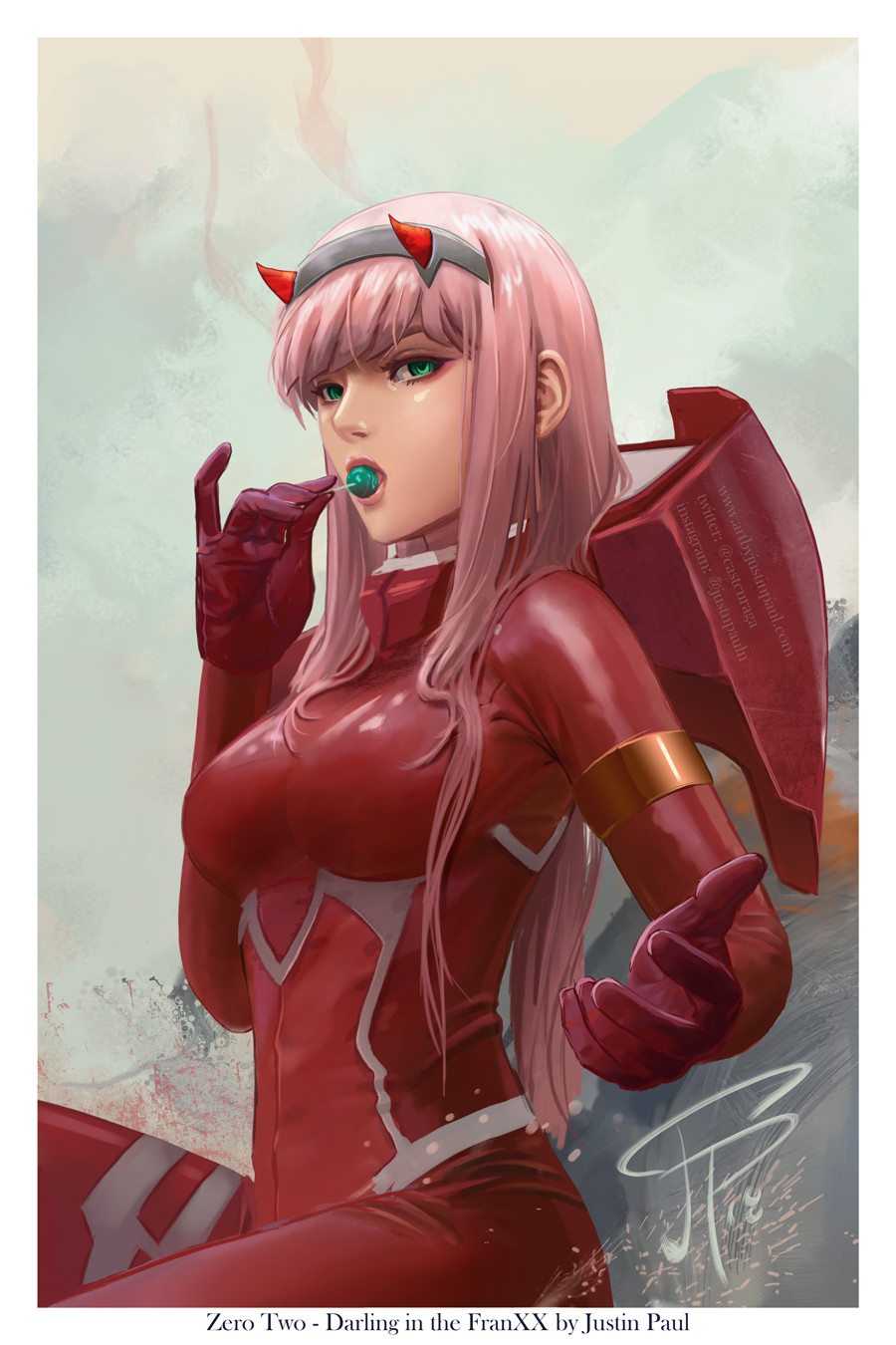 1girl bangs bodysuit breasts candy castcuraga commentary darling_in_the_franxx english_commentary eyeshadow food green_eyes hairband highres holding_lollipop horns instagram_username lollipop long_hair looking_at_viewer makeup medium_breasts oni_horns open_mouth outstretched_arm pilot_suit pink_hair red_bodysuit red_horns signature sitting skin_tight solo straight_hair twitter_username white_hairband zero_two_(darling_in_the_franxx)