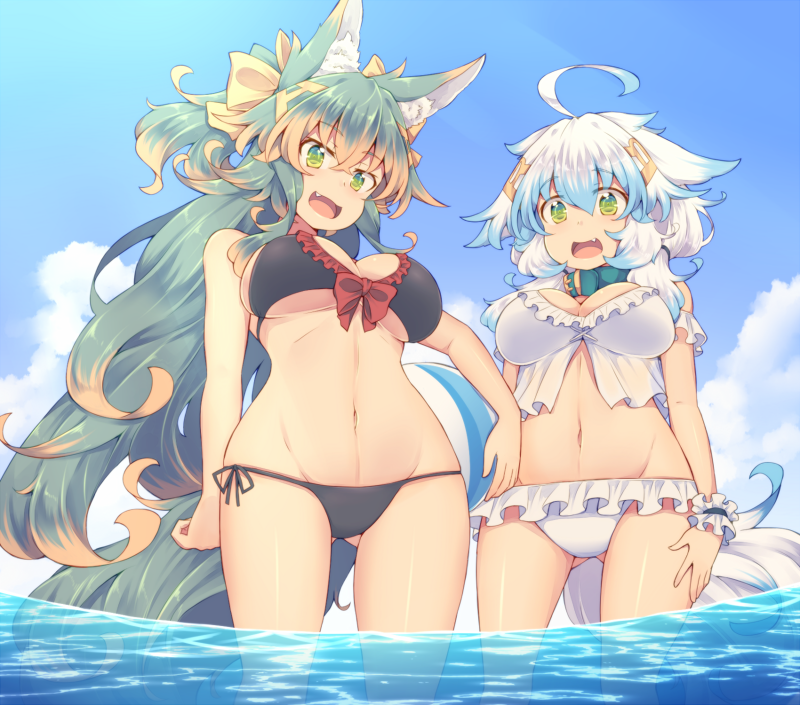 2girls ahoge animal_ears ball beachball bikini black_bikini blue_sky breasts brown_hair cleavage day eyebrows_visible_through_hair fang frilled_bikini frills from_below green_eyes kuromiya kuromiya_raika large_breasts long_hair looking_at_viewer multicolored_hair multiple_girls open_mouth original partially_submerged shiromiya_asuka short_hair sky standing swimsuit two-tone_hair white_bikini white_hair