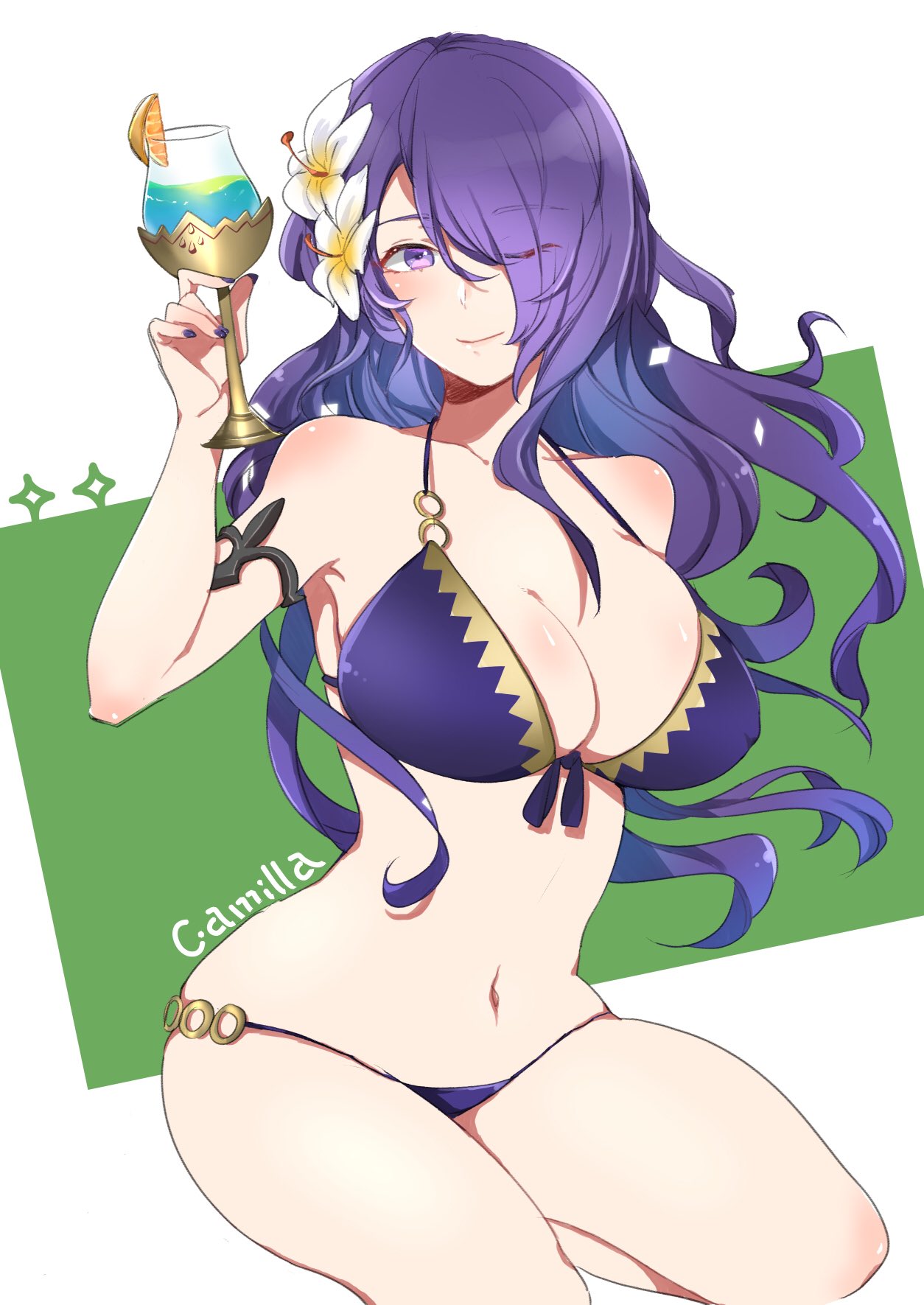 1girl bikini breasts camilla_(fire_emblem_if) character_name cleavage closed_mouth cup drinking_glass fire_emblem fire_emblem_heroes fire_emblem_if flower hair_flower hair_ornament hair_over_one_eye highres large_breasts long_hair nail_polish navel nekolook purple_bikini purple_hair solo swimsuit violet_eyes