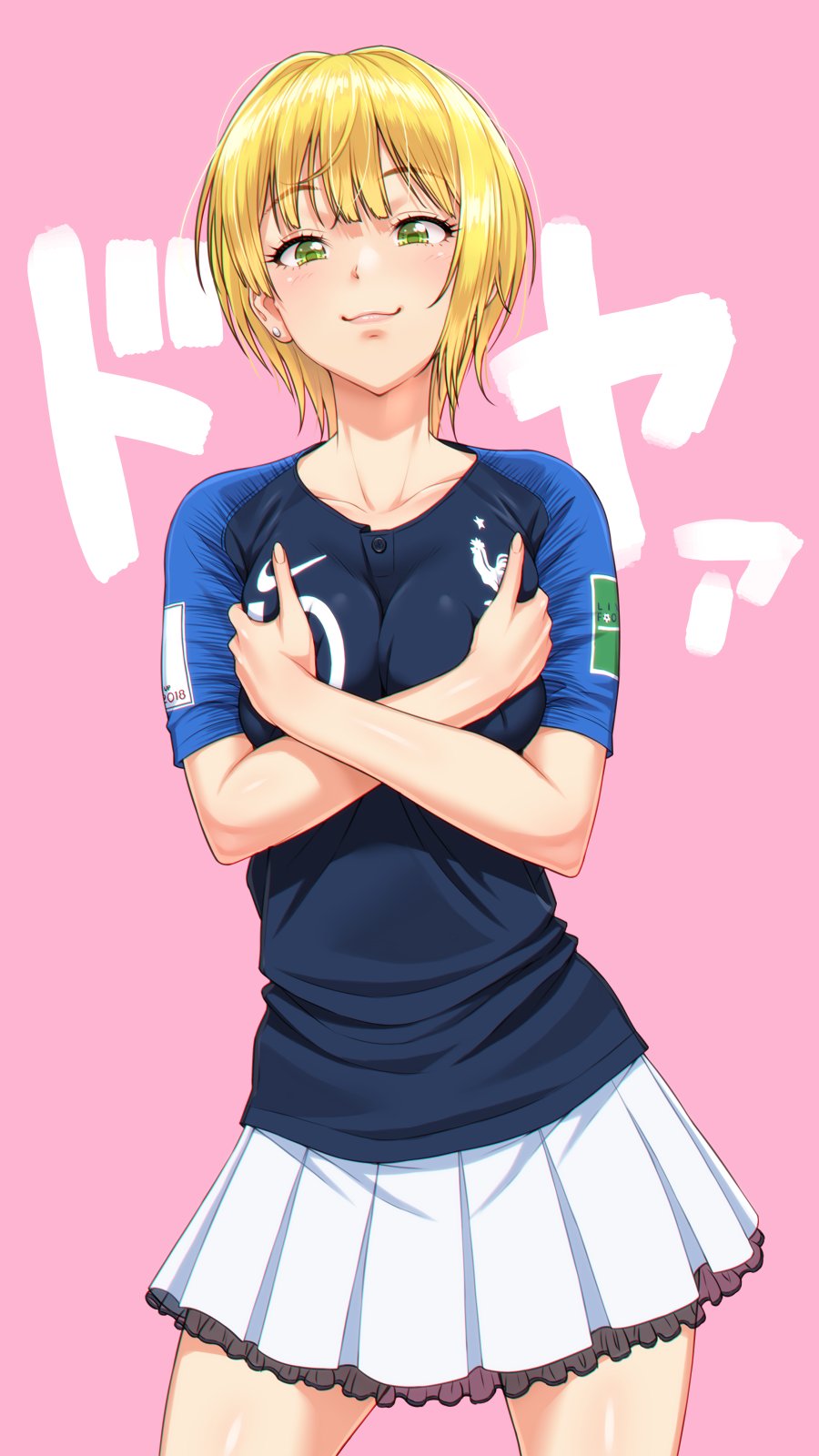 2018_fifa_world_cup blonde_hair breasts crossed_arms derivative_work green_eyes highres idolmaster idolmaster_cinderella_girls idolmaster_cinderella_girls_starlight_stage jersey medium_breasts miniskirt miyamoto_frederica nigou short_hair skirt smug world_cup