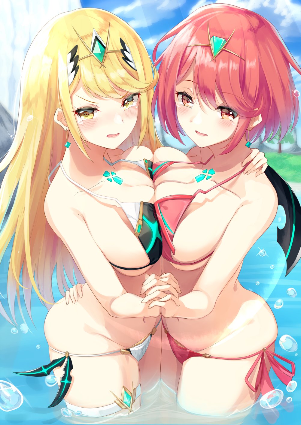 2girls arm_around_back ass bangs bikini blonde_hair blue_sky blush breast_press breasts brown_eyes cleavage clouds day earrings embarrassed eyebrows_visible_through_hair eyes_visible_through_hair groin hair_ornament hand_holding hand_on_another's_shoulder headband highres mythra_(xenoblade) pyra_(xenoblade) igakusei interlocked_fingers jewelry large_breasts long_hair lowleg lowleg_bikini multiple_girls open_mouth outdoors partially_submerged pink_hair short_hair side-tie_bikini sidelocks skindentation sky smile swimsuit symmetrical_docking tareme thigh_strap thighs tsurime water_drop xenoblade_(series) xenoblade_2 yellow_eyes