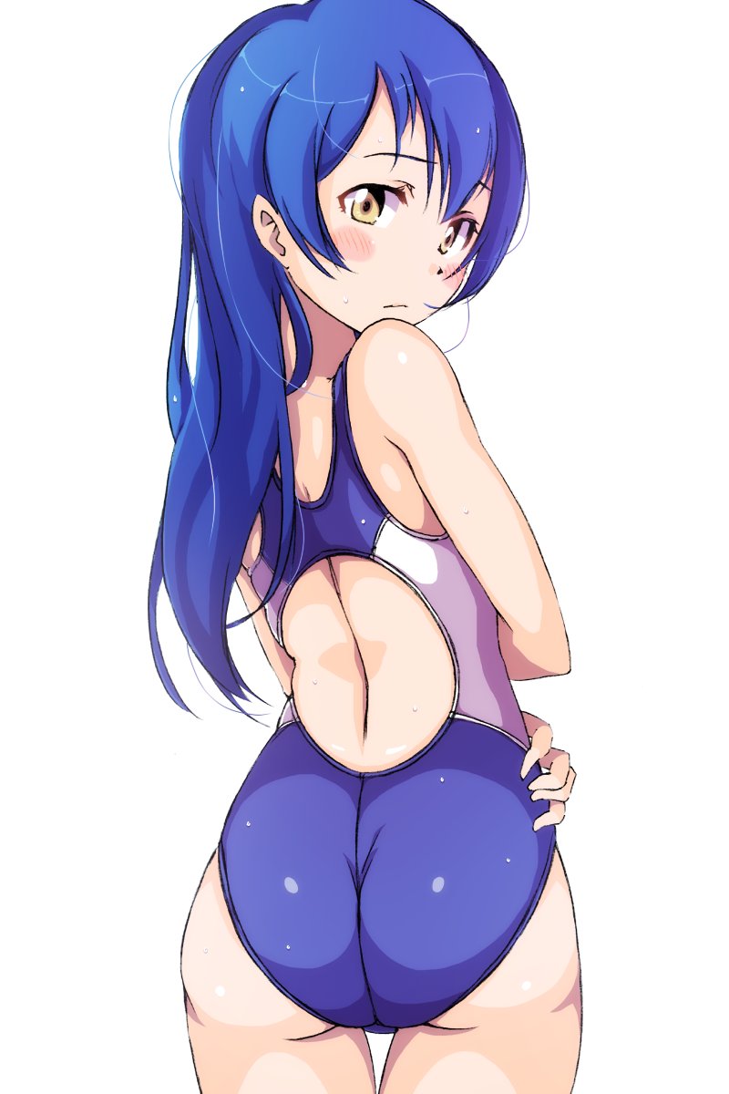 1girl ass bangs blue_hair blue_swimsuit blush commentary_request competition_swimsuit cowboy_shot from_behind hair_between_eyes highres long_hair looking_at_viewer looking_back love_live! love_live!_school_idol_project marine_day one-piece_swimsuit sen_(sen0910) simple_background solo sonoda_umi swimsuit white_background yellow_eyes
