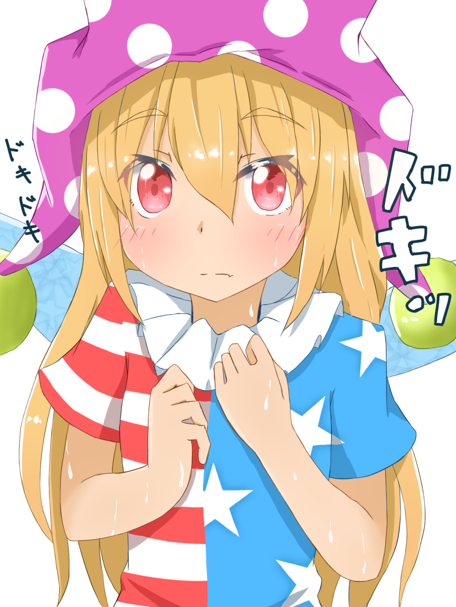 1girl american_flag_shirt arms_up blonde_hair blush clownpiece commentary_request eyebrows_visible_through_hair fairy_wings fang hair_between_eyes hands_on_own_chest hat highres jester_cap light_frown long_hair looking_at_viewer mizune_(winter) onomatopoeia polka_dot_hat purple_hat red_eyes simple_background solo sweat sweating_profusely thick_eyebrows touhou upper_body white_background wings