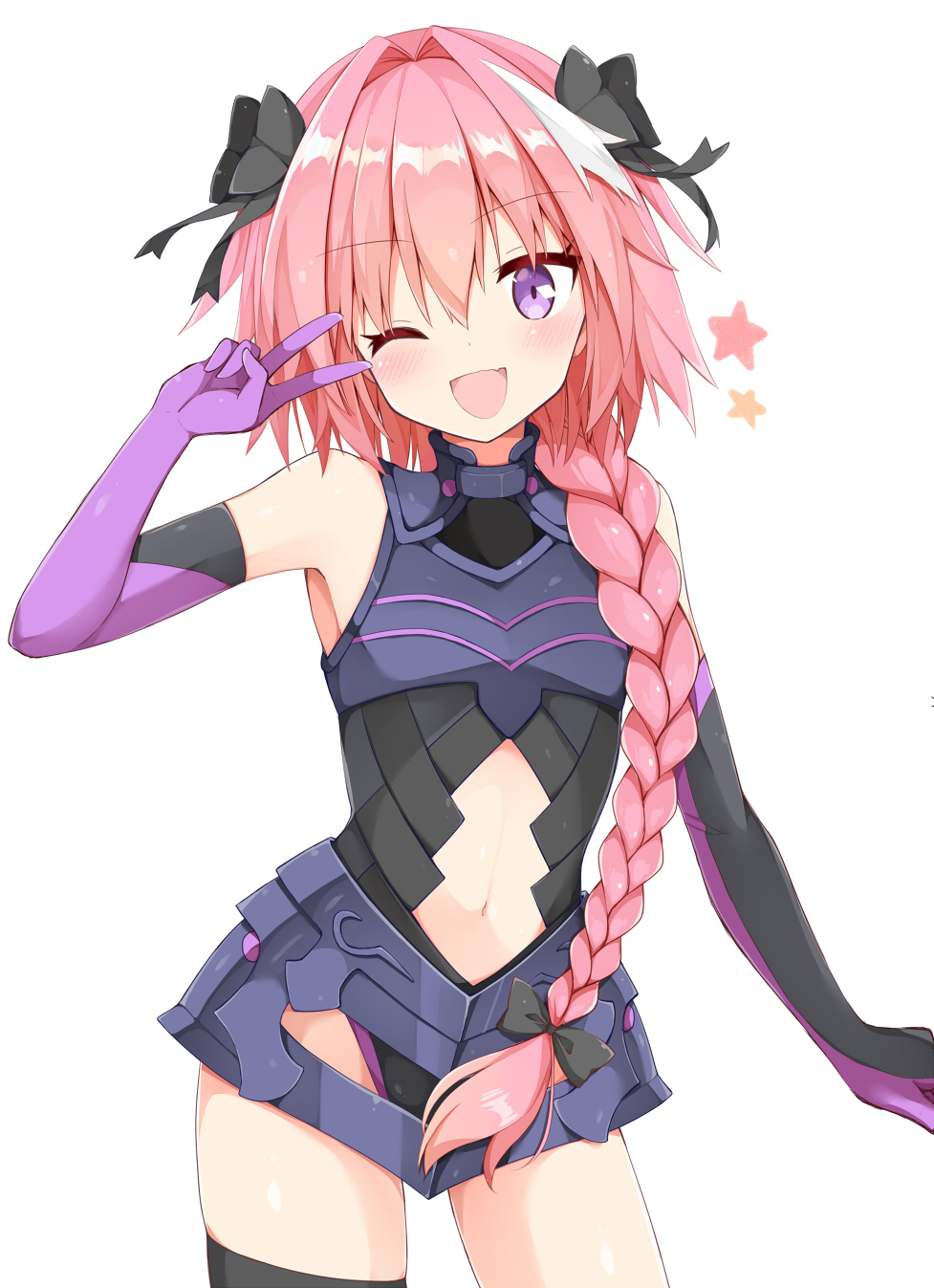 1boy ;d armored_leotard astolfo_(fate) black_bow black_legwear bow braid cosplay cowboy_shot elbow_gloves eyebrows_visible_through_hair fate/apocrypha fate_(series) gloves hair_between_eyes hair_bow hair_over_shoulder highres kamu_(geeenius) long_hair mash_kyrielight mash_kyrielight_(cosplay) midriff navel navel_cutout one_eye_closed open_mouth pink_hair purple_gloves shiny shiny_hair shiny_skin simple_background single_braid smile standing stomach thigh-highs trap violet_eyes white_background