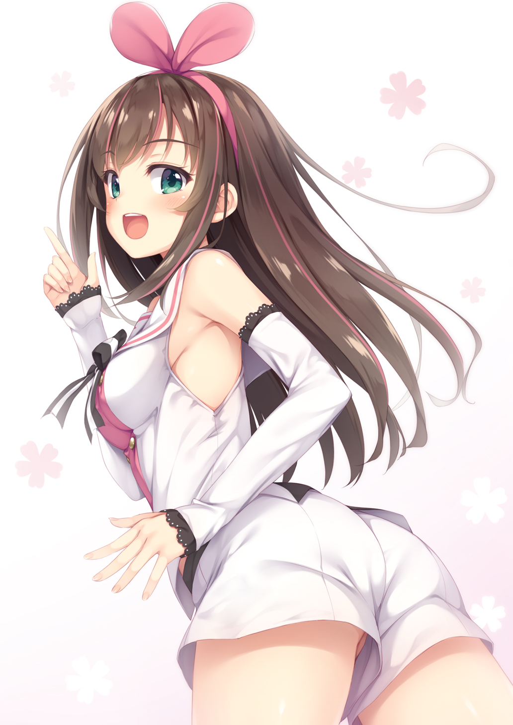 1girl :d a.i._channel ass bangs bare_shoulders blush breasts brown_hair commentary_request detached_sleeves eyebrows_visible_through_hair fingernails gradient gradient_background green_eyes highres index_finger_raised kizuna_ai long_hair long_sleeves looking_at_viewer looking_back medium_breasts multicolored_hair open_mouth pink_background pink_hair shirt short_shorts shorts sleeveless sleeveless_shirt sleeves_past_wrists smile solo streaked_hair tomifumi very_long_hair virtual_youtuber white_background white_shirt white_shorts