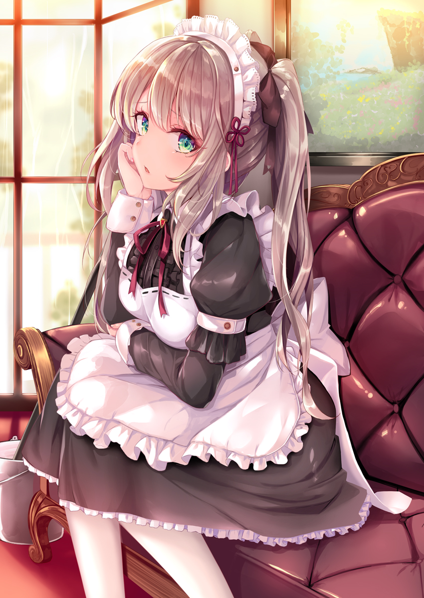 1girl apron arm_grab bangs black_dress brown_hair bucket chin_rest closed_mouth collared_dress commentary couch dress frilled_apron frilled_dress frills frown green_eyes hair_ribbon haruka_natsuki highres indoors juliet_sleeves long_hair long_sleeves looking_at_viewer maid_apron maid_headdress medium_dress mop neck_ribbon on_couch original pantyhose parted_lips puffy_sleeves red_ribbon ribbon sitting solo twintails white_apron white_legwear