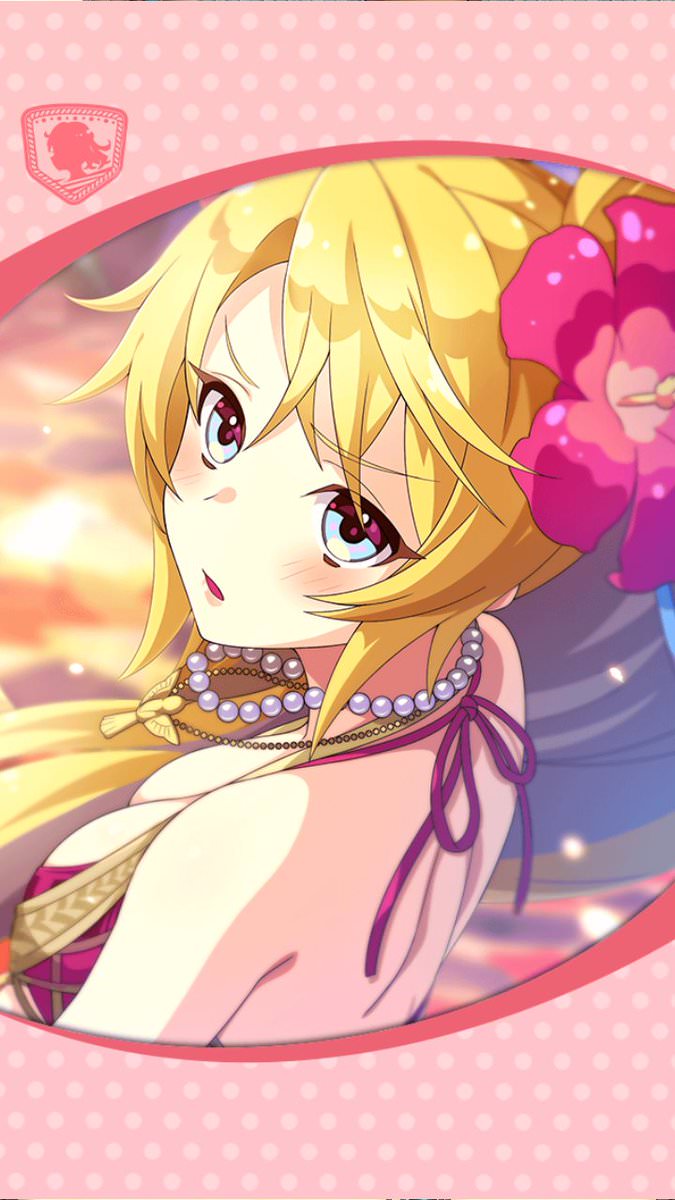 1girl artist_request blonde_hair blue_eyes blush breasts flower framed_image hair_flower hair_ornament highres jewelry large_breasts long_hair megiddo_(phantom_of_the_kill) necklace official_art open_mouth pearl_necklace phantom_of_the_kill purple_bikini_top
