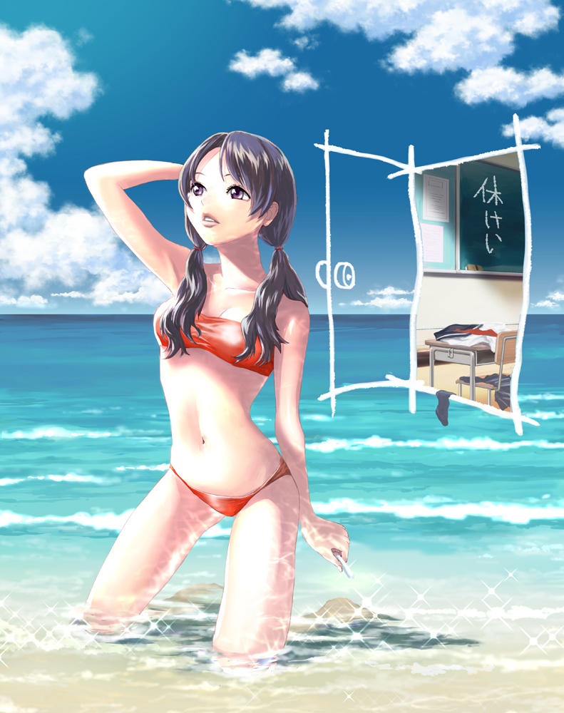 1girl ass bad_anatomy bandeau bangs beach bikini black_eyes black_hair chair chalk chalkboard classroom clothes_removed day desk door full_body kneeling lips looking_up low_twintails navel non_(6nezuuyamar9) ocean original outdoors parted_bangs parted_lips partially_submerged red_bikini school_desk school_uniform sky solo sparkle swimsuit twintails water