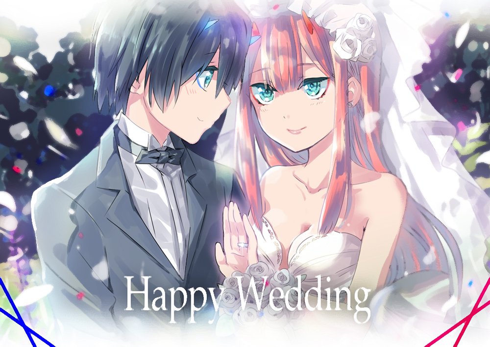 1boy 1girl bangs bare_shoulders black_hair black_neckwear blue_eyes blue_horns blush bow bowtie breasts bridal_veil cleavage collarbone collared_shirt commentary_request couple darling_in_the_franxx dress english eyebrows_visible_through_hair flower formal futami_(futamito) green_eyes grey_suit hair_flower hair_ornament hand_up hetero hiro_(darling_in_the_franxx) horns jewelry long_hair long_sleeves looking_at_another medium_breasts oni_horns pink_hair red_horns ring shirt short_hair suit veil wedding_dress wedding_ring white_dress white_shirt wing_collar zero_two_(darling_in_the_franxx)