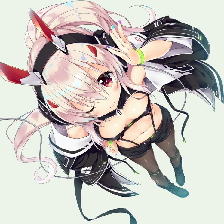 1girl alternate_costume ayanami_(azur_lane) azur_lane breasts commentary_request detached_sleeves fingernails headphones horns long_hair looking_at_viewer looking_up medium_breasts navel one_eye_closed pantyhose ponytail red_eyes sasorigatame shorts silver_hair solo white_background